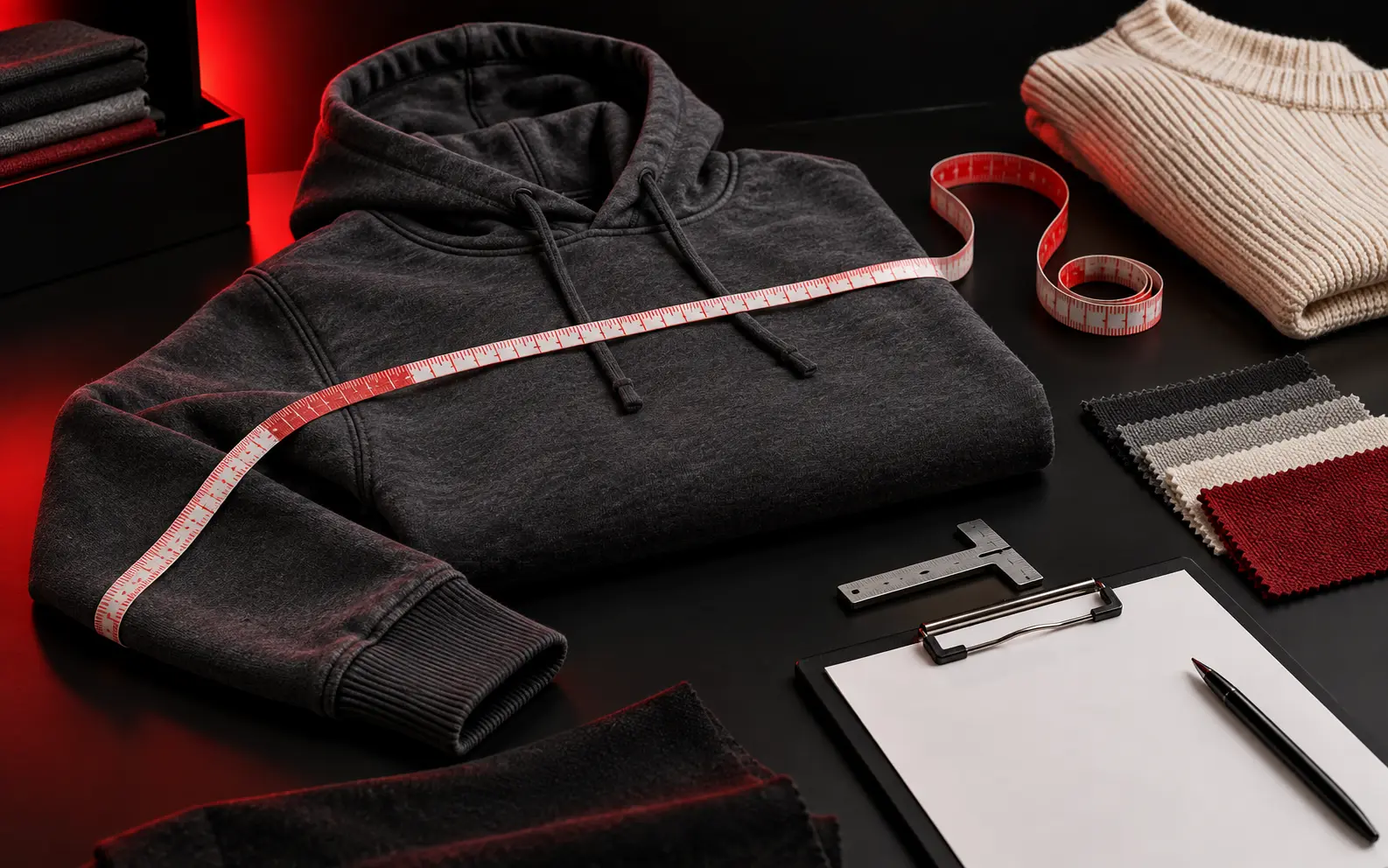 Garment quality-control inspection with measuring tape and fabric samples